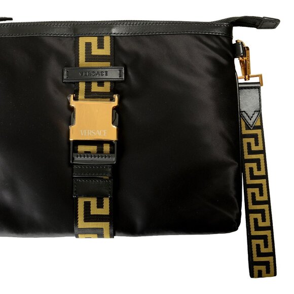 Versace Unisex Black Greeca Stripe Clutch Handbag Pouch Bag